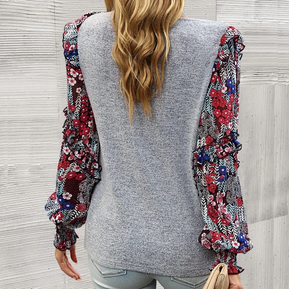 07 Boho Floral Print Ruffle Long sleeve Top - Picture 8 of 8